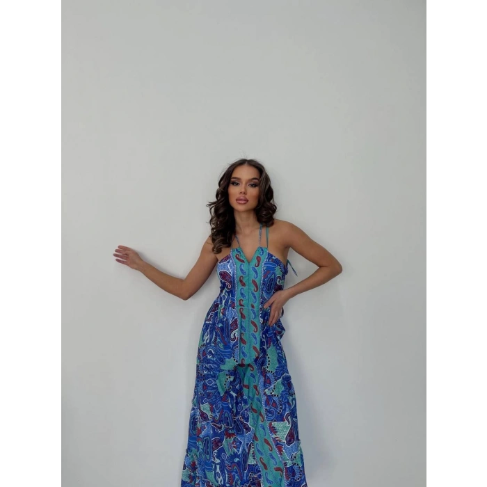 MAVİ DESENLİ BOYUNDAN BAĞLAMALI ELBİSE