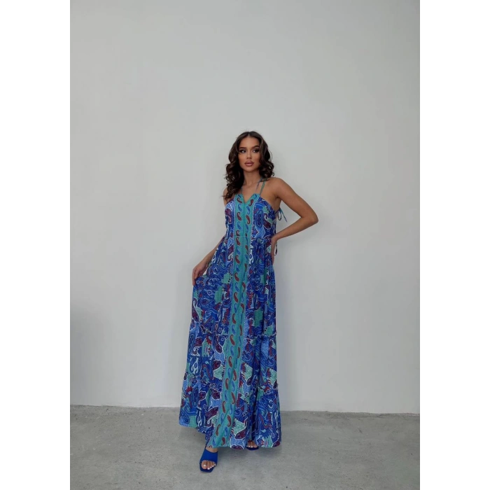 MAVİ DESENLİ BOYUNDAN BAĞLAMALI ELBİSE