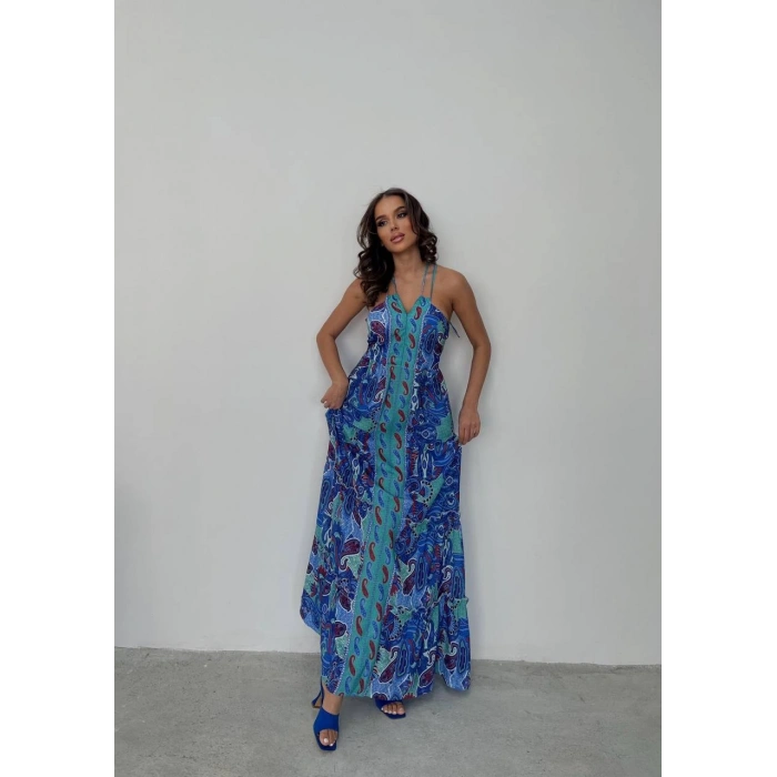 MAVİ DESENLİ BOYUNDAN BAĞLAMALI ELBİSE