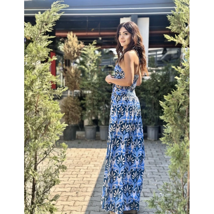 MAVİ DESENLİ İTHAL İPEK ELBİSE
