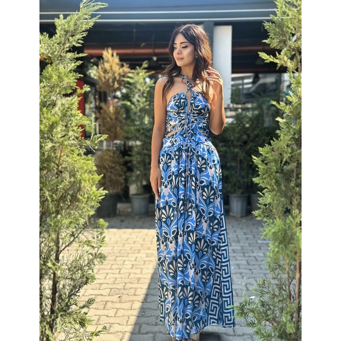 MAVİ DESENLİ İTHAL İPEK ELBİSE