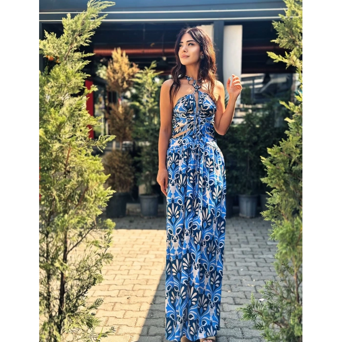 MAVİ DESENLİ İTHAL İPEK ELBİSE
