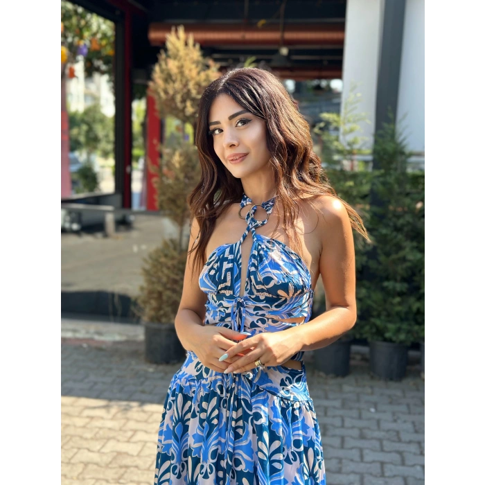 MAVİ DESENLİ İTHAL İPEK ELBİSE