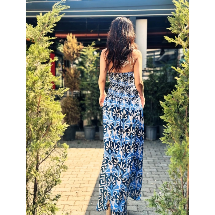 MAVİ DESENLİ İTHAL İPEK ELBİSE