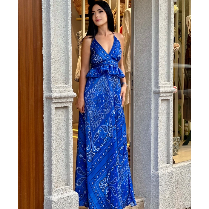 MAVİ ŞAL DESEN ELBİSE