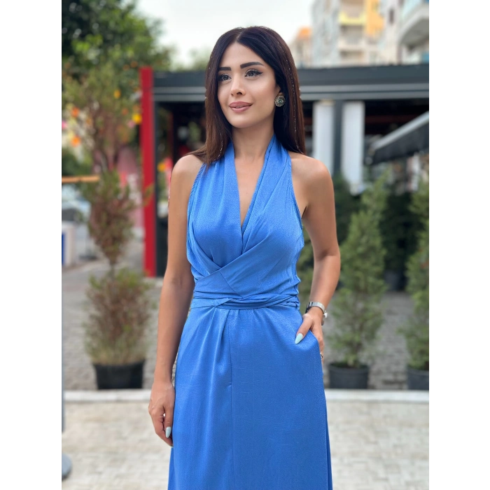 MAVİ SATEN DOKULU BEL BAĞLAMALI ELBİSE