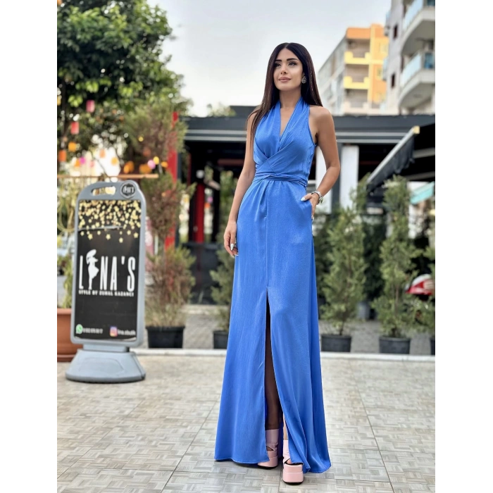 MAVİ SATEN DOKULU BEL BAĞLAMALI ELBİSE