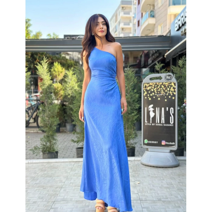 MAVİ TEK OMUZ ELBİSE