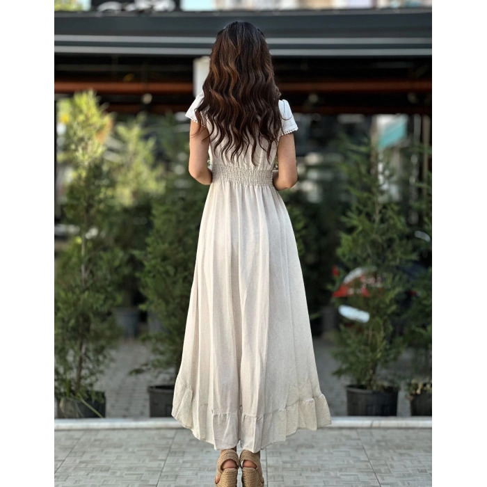 NAKIŞ İŞLEMELİ ARKA UZUN ELBİSE