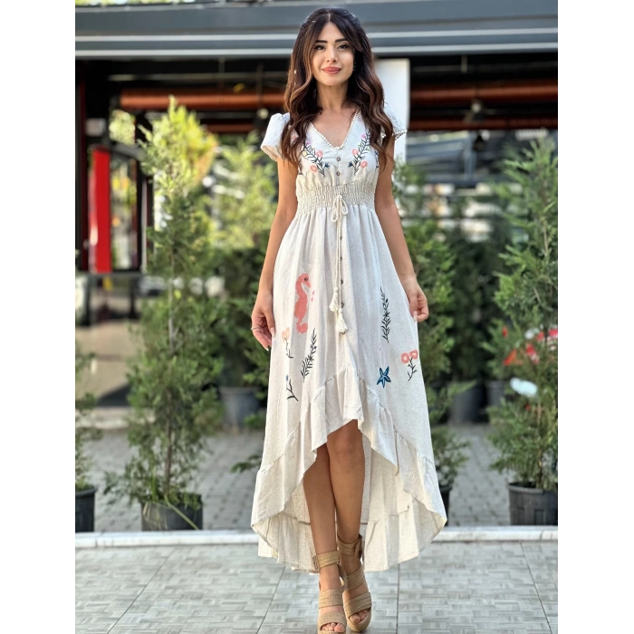 NAKIŞ İŞLEMELİ ARKA UZUN ELBİSE