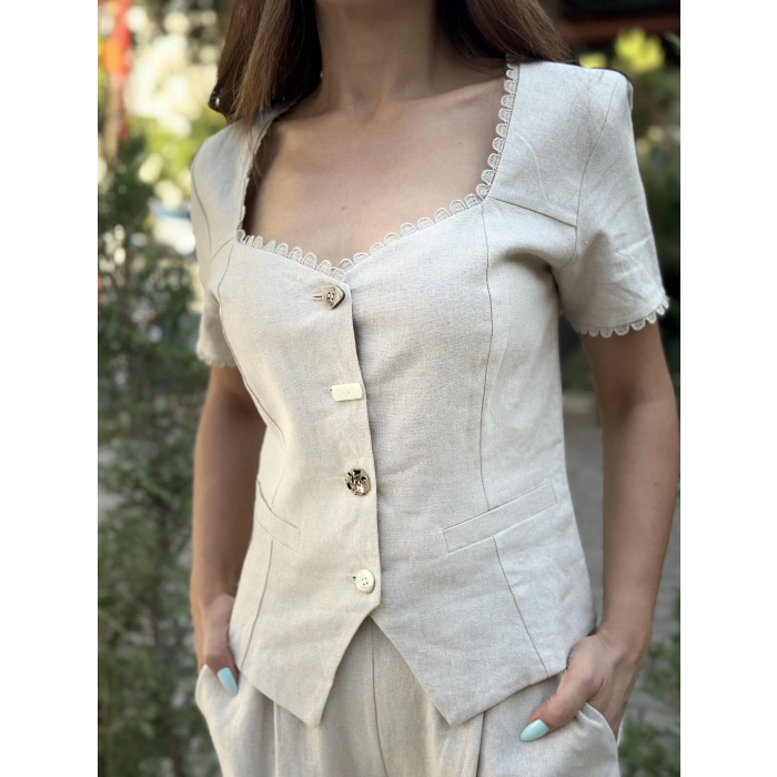 NATURAL KETEN BLUZ PANTOLON TAKIM