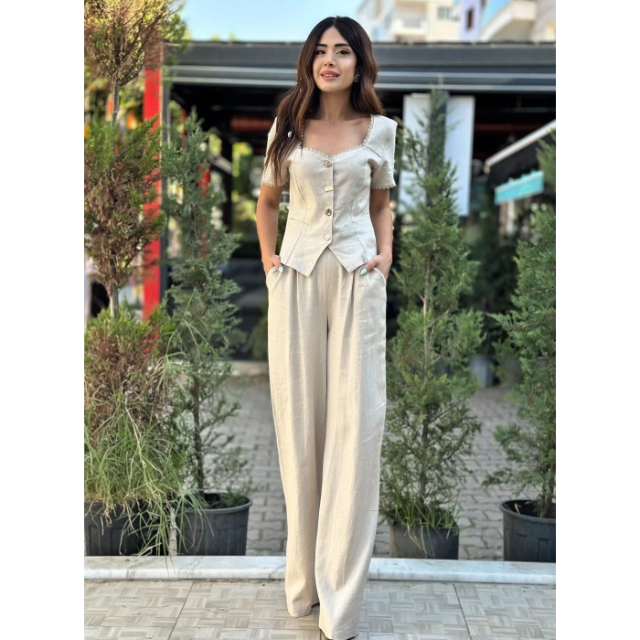 NATURAL KETEN BLUZ PANTOLON TAKIM