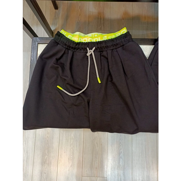 NEON YEŞİL LASTİK DETAY SİYAH PANTOLON