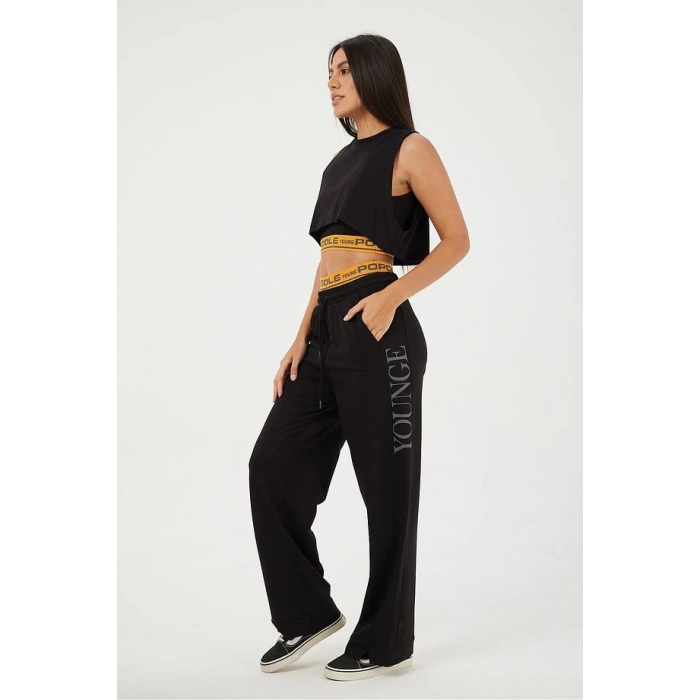 NEON YEŞİL LASTİK DETAY SİYAH PANTOLON