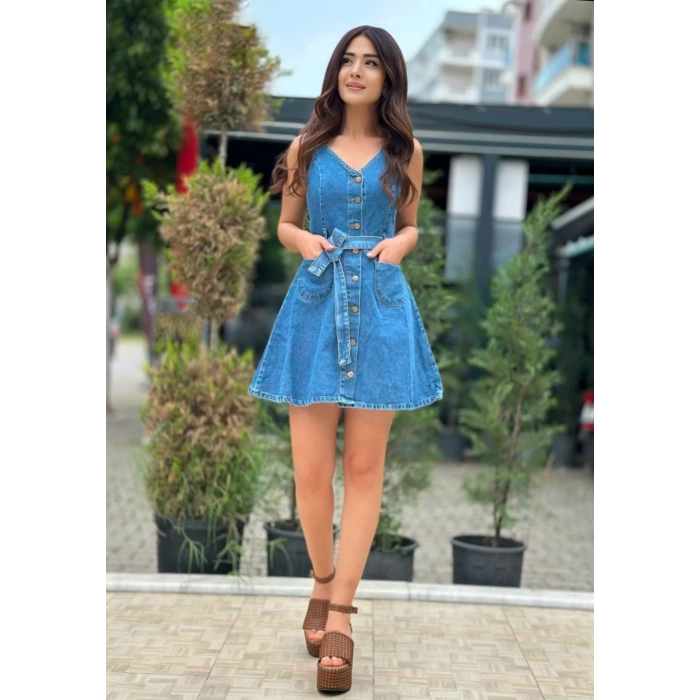 ÖNDEN DÜĞMELİ JEAN ELBİSE