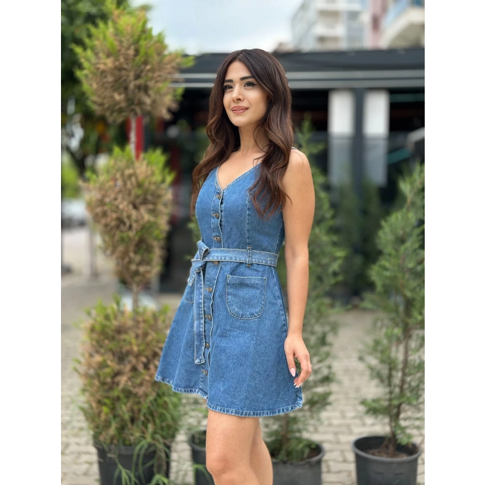 ÖNDEN DÜĞMELİ JEAN ELBİSE