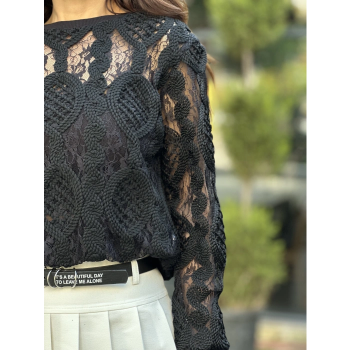 ÖRME SİYAH TÜL DETAYLI SWEAT