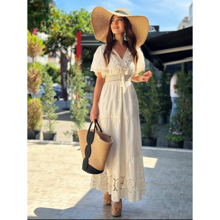 OTANTİK EKRU UZUN ELBİSE