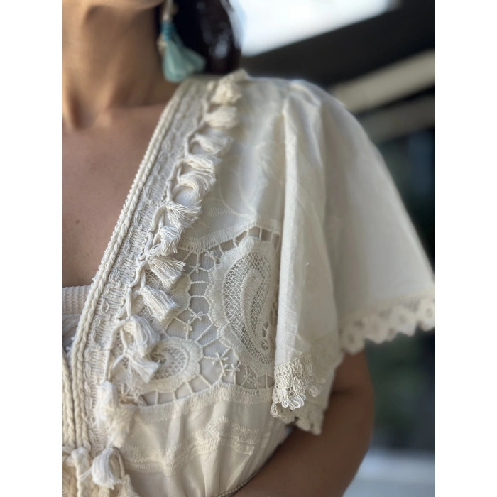 OTANTİK EKRU UZUN ELBİSE