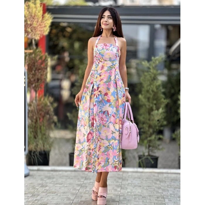 PEMBE ÇİÇEK DESENLİ ELBİSE