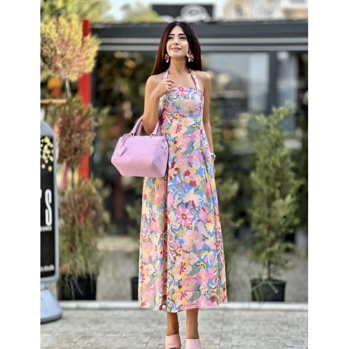 PEMBE ÇİÇEK DESENLİ ELBİSE