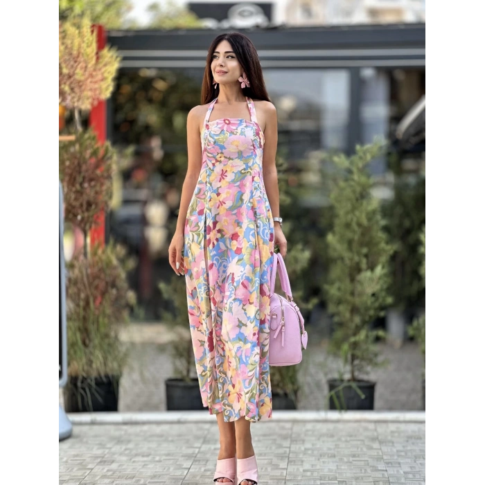 PEMBE ÇİÇEK DESENLİ ELBİSE