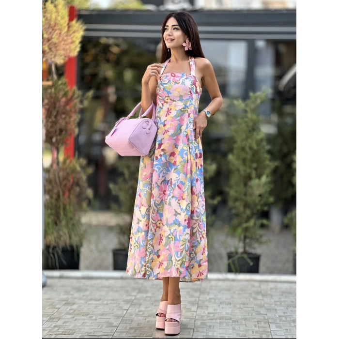 PEMBE ÇİÇEK DESENLİ ELBİSE