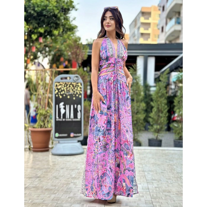 PEMBE DESENLİ İTHAL İPEK ELBİSE