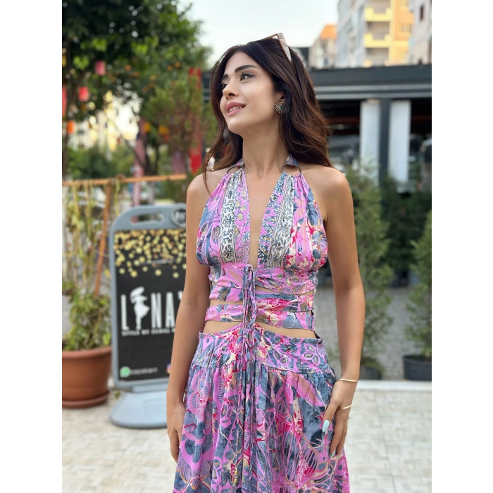 PEMBE DESENLİ İTHAL İPEK ELBİSE