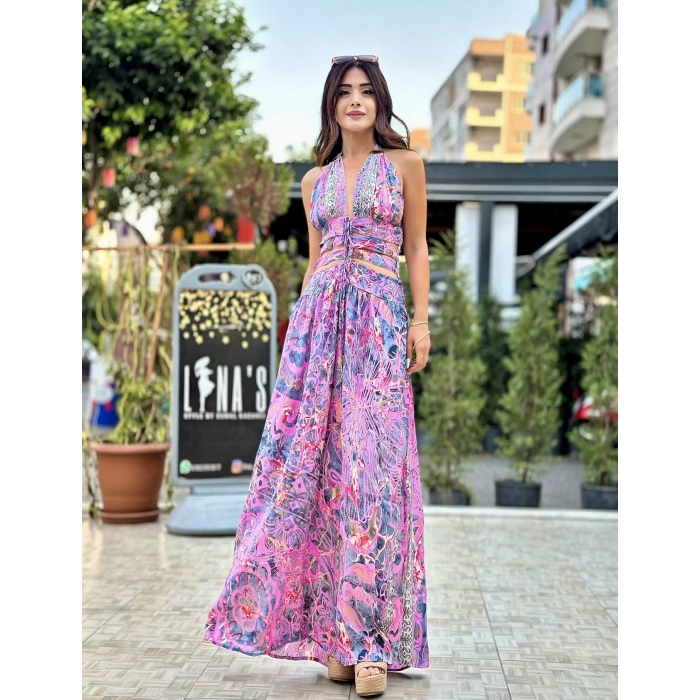 PEMBE DESENLİ İTHAL İPEK ELBİSE