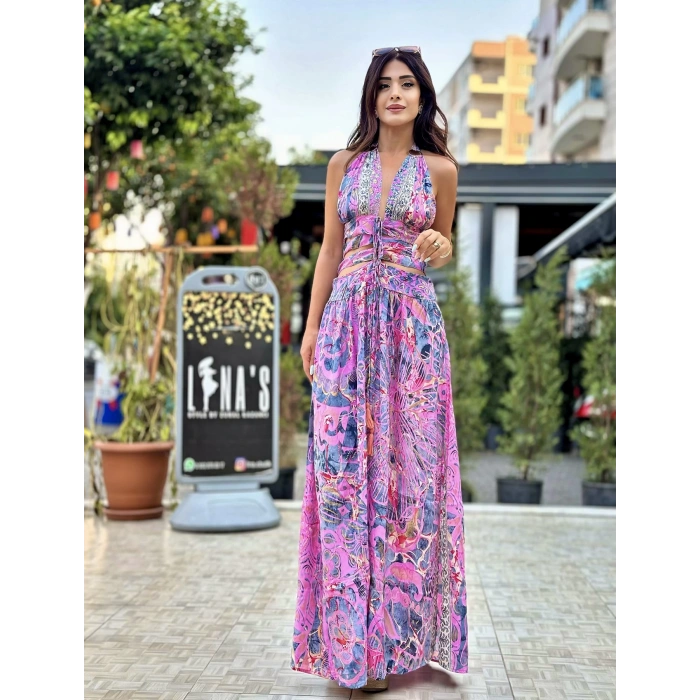 PEMBE DESENLİ İTHAL İPEK ELBİSE