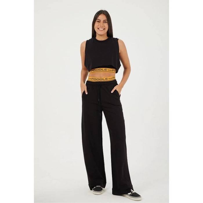 PEMBE LASTİK BEL DETAY SİYAH PANTOLON