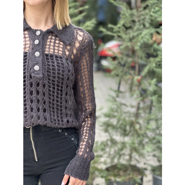 POLO YAKA TAŞ DÜĞMELİ AJURLU TRİKOKAZAK ANTRASİT