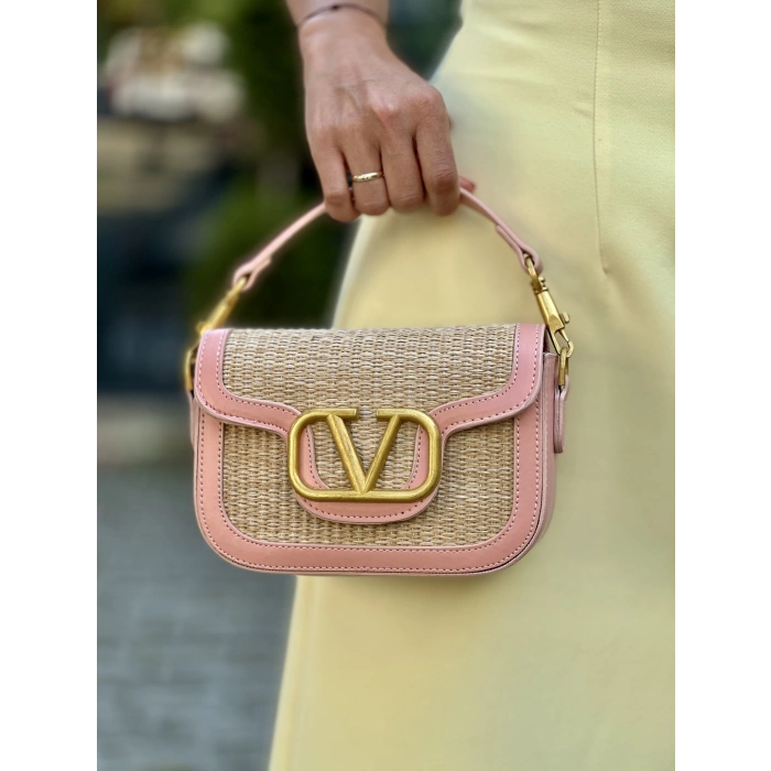 PUDRA PEMBE DERİ DETAY HASIR ÇANTA