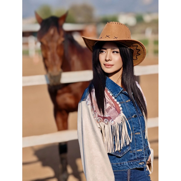 PÜSKÜLLÜ SÜET DETAYLI TASARIM JEAN CEKET