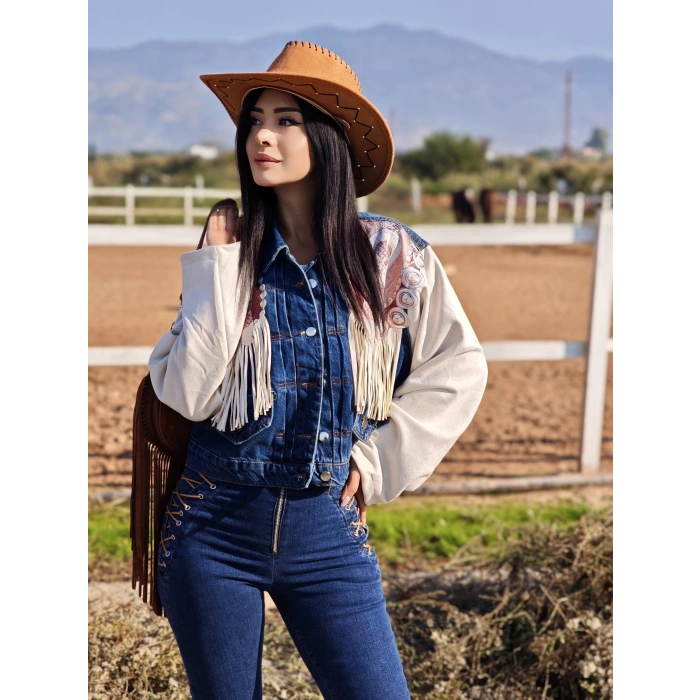 PÜSKÜLLÜ SÜET DETAYLI TASARIM JEAN CEKET