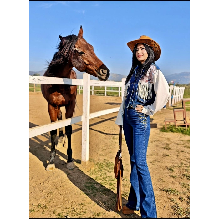 PÜSKÜLLÜ SÜET DETAYLI TASARIM JEAN CEKET