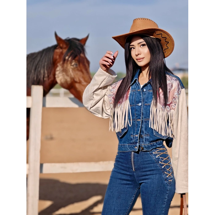 PÜSKÜLLÜ SÜET DETAYLI TASARIM JEAN CEKET