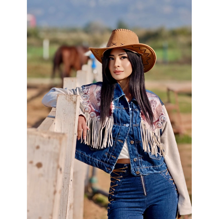 PÜSKÜLLÜ SÜET DETAYLI TASARIM JEAN CEKET