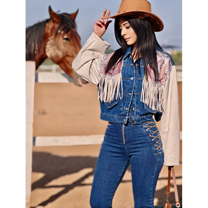 PÜSKÜLLÜ SÜET DETAYLI TASARIM JEAN CEKET