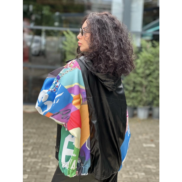 RENKLİ DERİ DETAY CEKET