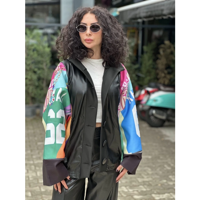 RENKLİ DERİ DETAY CEKET