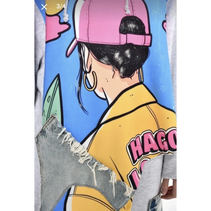 RENKLİ ŞAPKALI BASKILI GRİ SWEAT