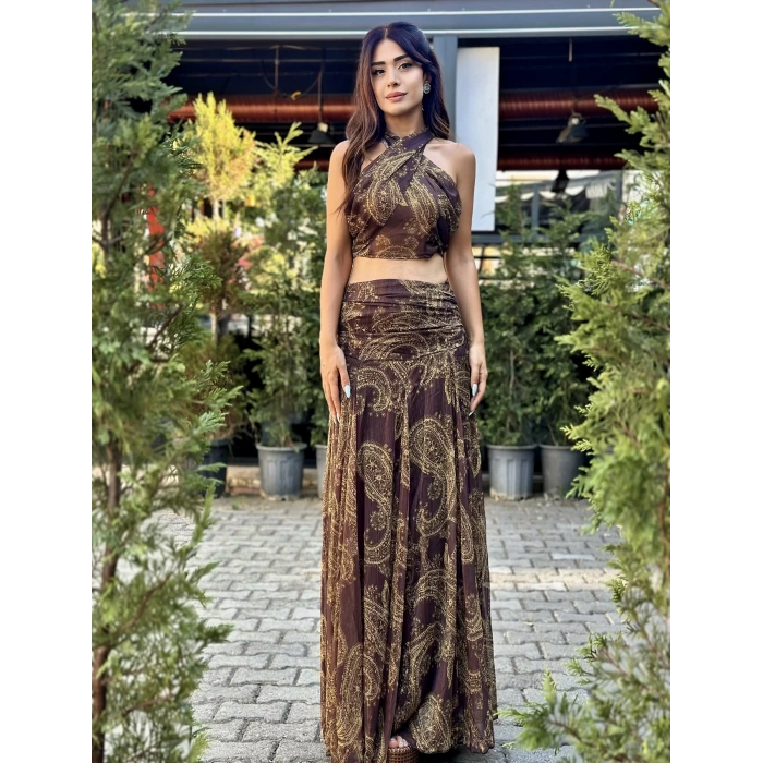 ŞAL DESEN ETEK CROP TAKIM