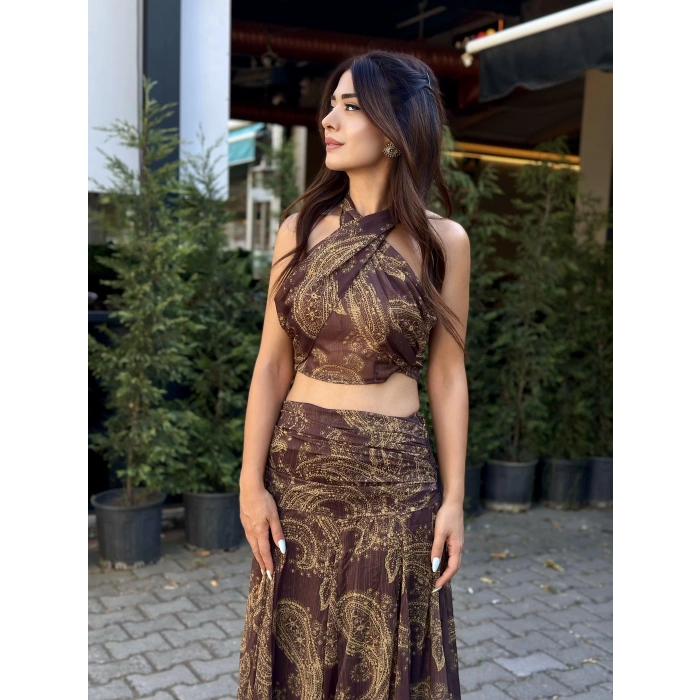 ŞAL DESEN ETEK CROP TAKIM