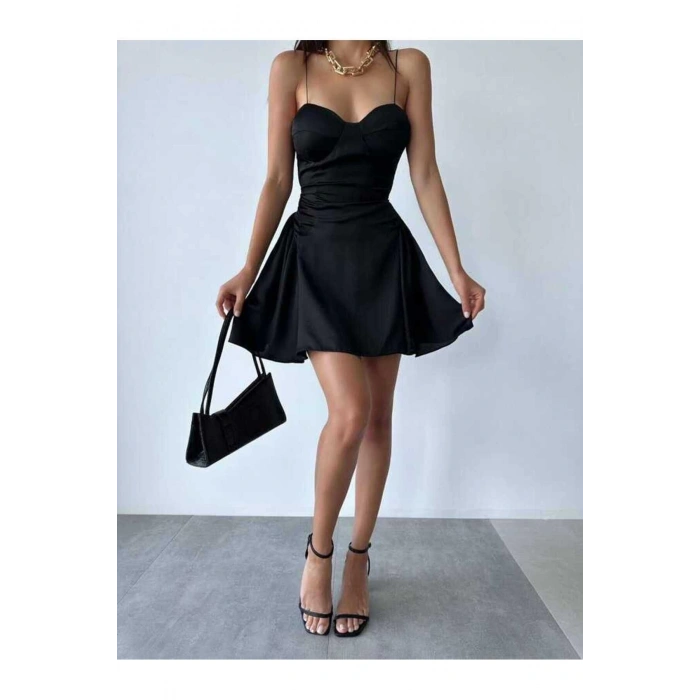 SATEN SİYAH MİNİ ELBİSE