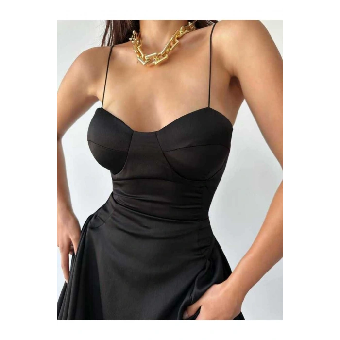 SATEN SİYAH MİNİ ELBİSE