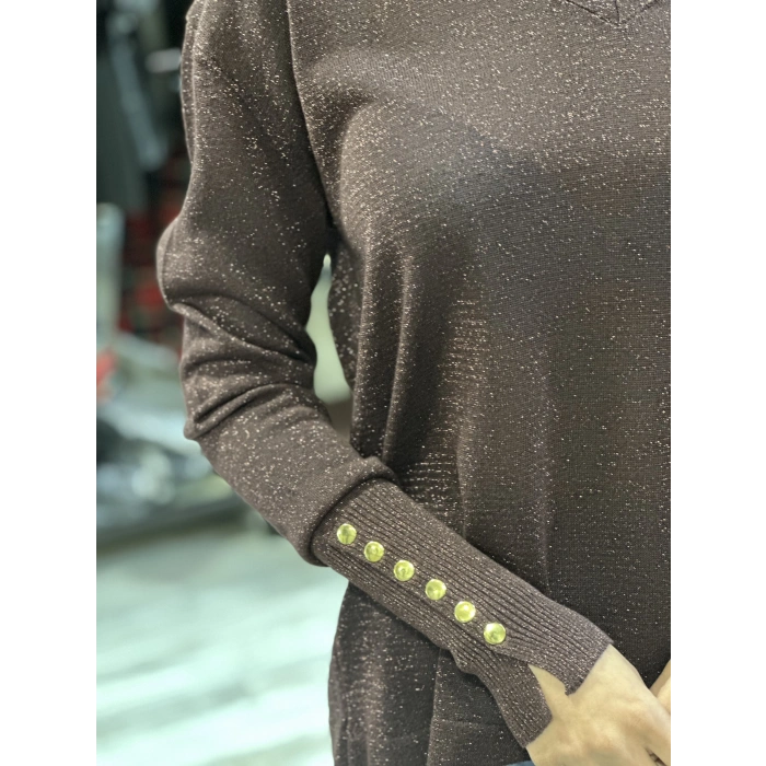 SİMLİ KAHVE KOL DÜĞMELİ BLUZ