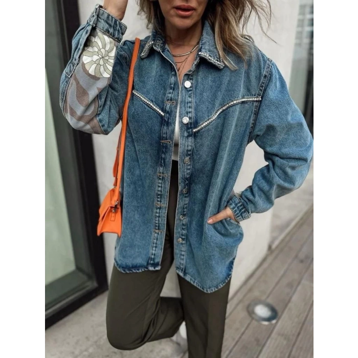 SIRTI BASKILI YAKASI TAŞLI KOT CEKET