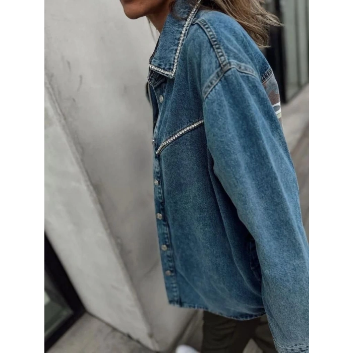 SIRTI BASKILI YAKASI TAŞLI KOT CEKET